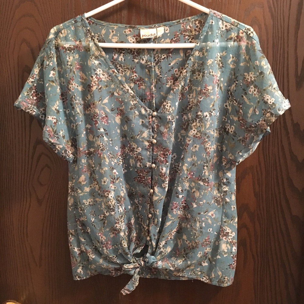 Blue flowered sheer blouse